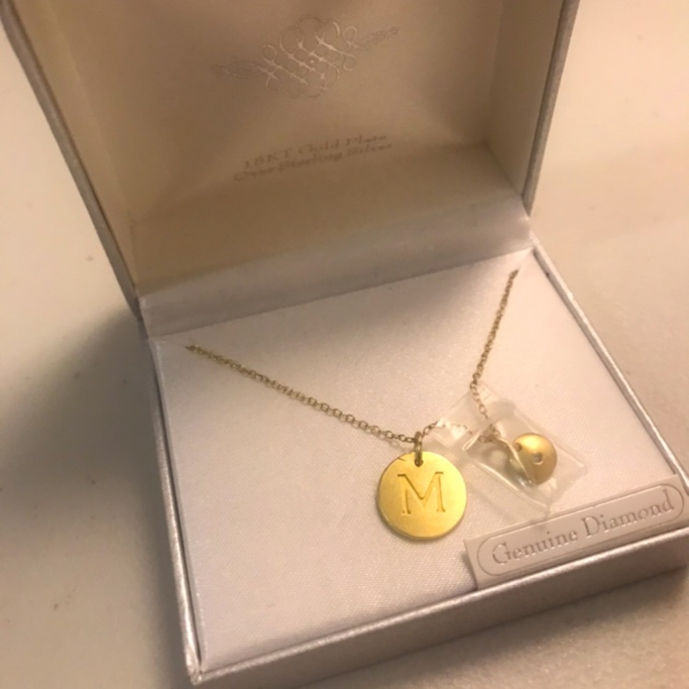 M initial and genuine Diamond charm 18k gold over .925 silver necklace (New)